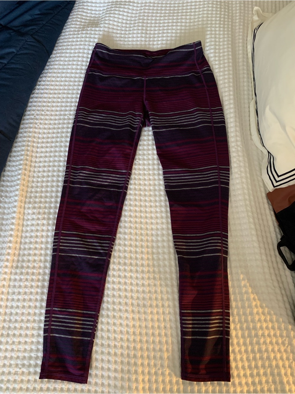 Athleta Burgundy and Purple Striped Leggings size medium EUC
